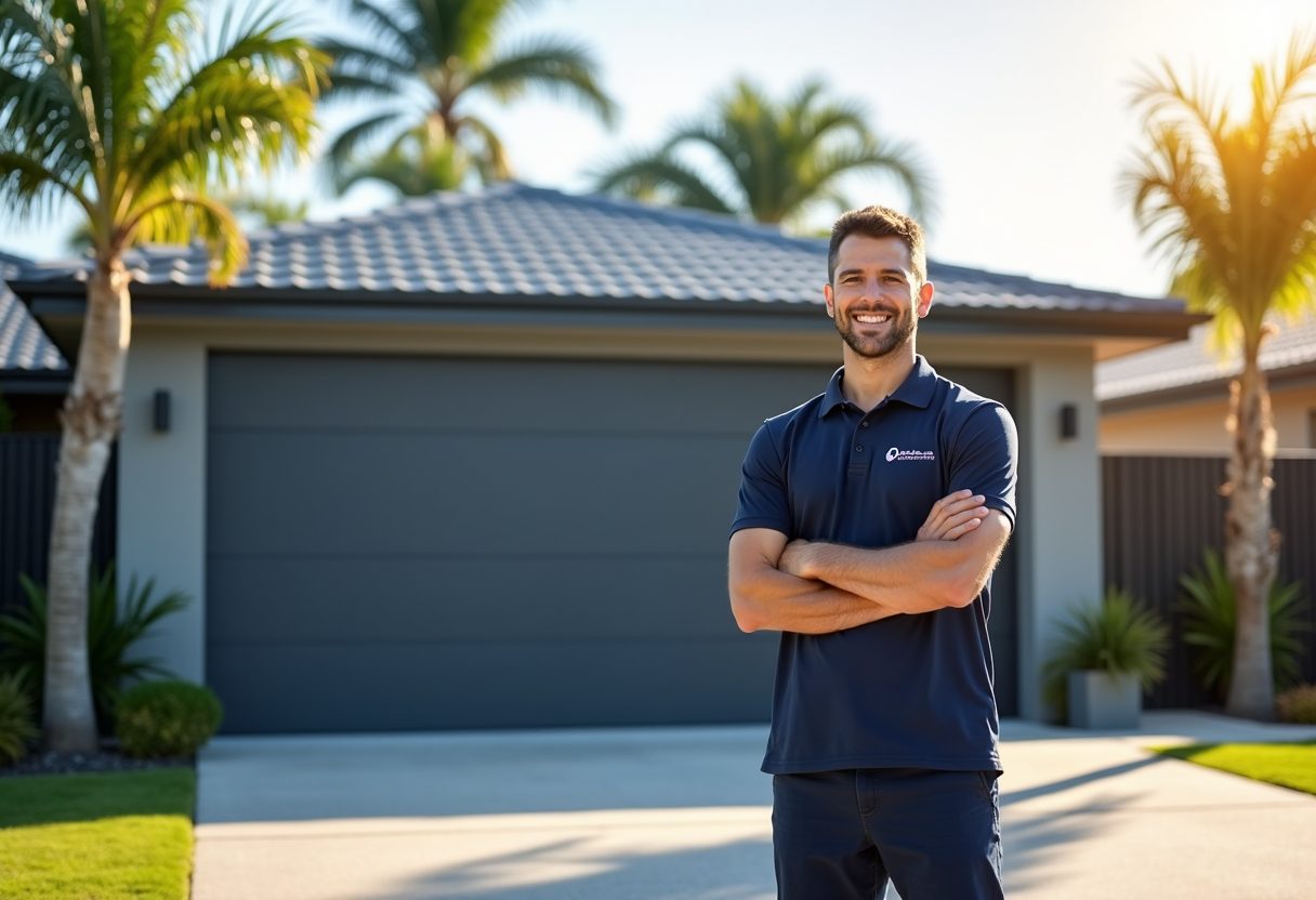 Technician beside a newly installed sectional garage door — Palm Beach