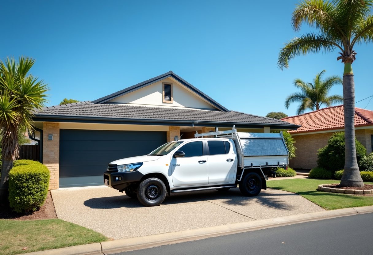 Technician ute in a driveway with a new garage door — Palm Beach